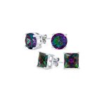 Set of 2 Round & Square Mystic Rainbow CZ Stud Earrings Sterling Silver 10MM - Image 4