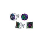 Set of 2 Round & Square Mystic Rainbow CZ Stud Earrings Sterling Silver 10MM - Image 5
