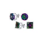 Set of 2 Round & Square Mystic Rainbow CZ Stud Earrings Sterling Silver 10MM - Image 6