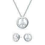 Tiny Peace Sign Pendant Stud Earrings Jewelry Set Gold Plated Sterling Silver