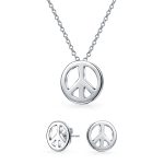 Tiny Peace Sign Pendant Stud Earrings Jewelry Set Gold Plated Sterling Silver