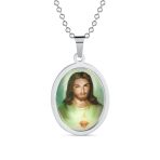 Religious Medal Medallion Photo of Sacred Heart Jesus Pendant Necklace Silver