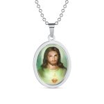 Religious Medal Medallion Photo of Sacred Heart Jesus Pendant Necklace Silver