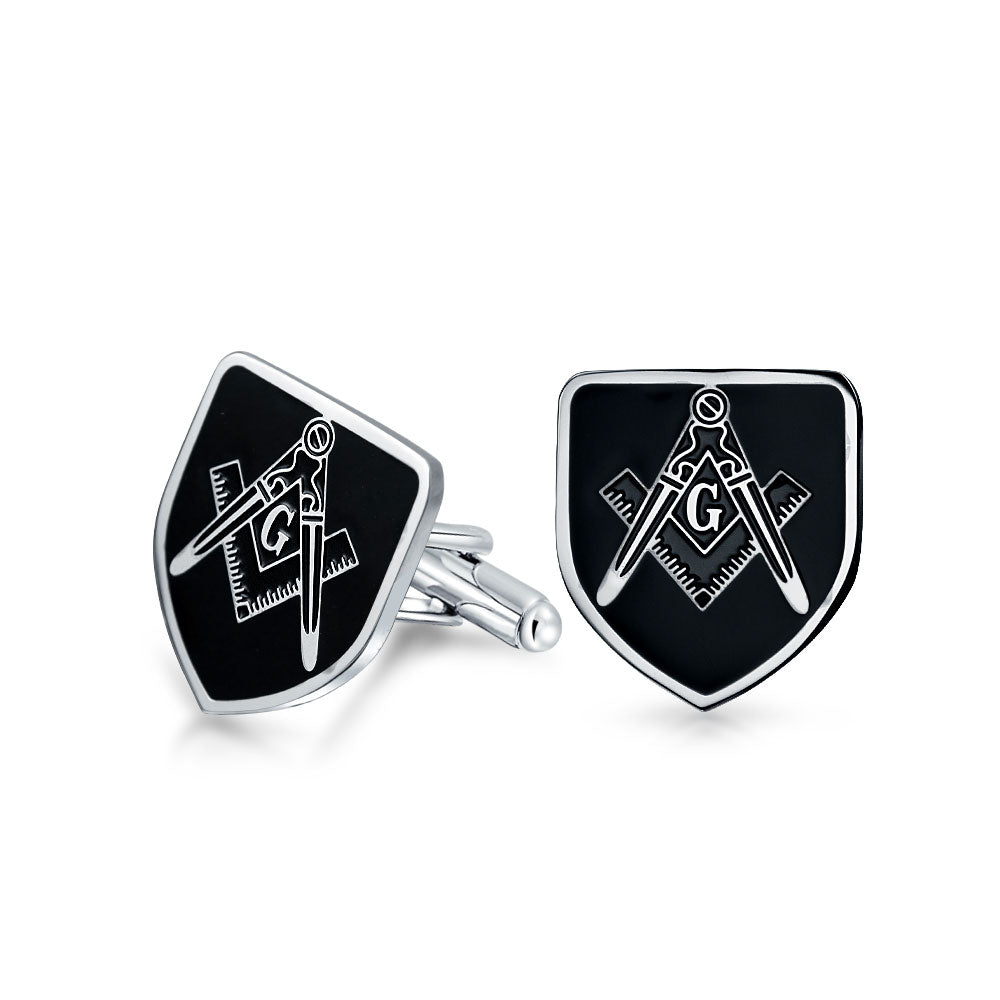 stainless-steel-black-masonic-cufflinks_sgd-kkt109-az Shield Freemasons Compass Symbol Shirt Cufflink Black Enamel Silver Tone Steel - Image 1