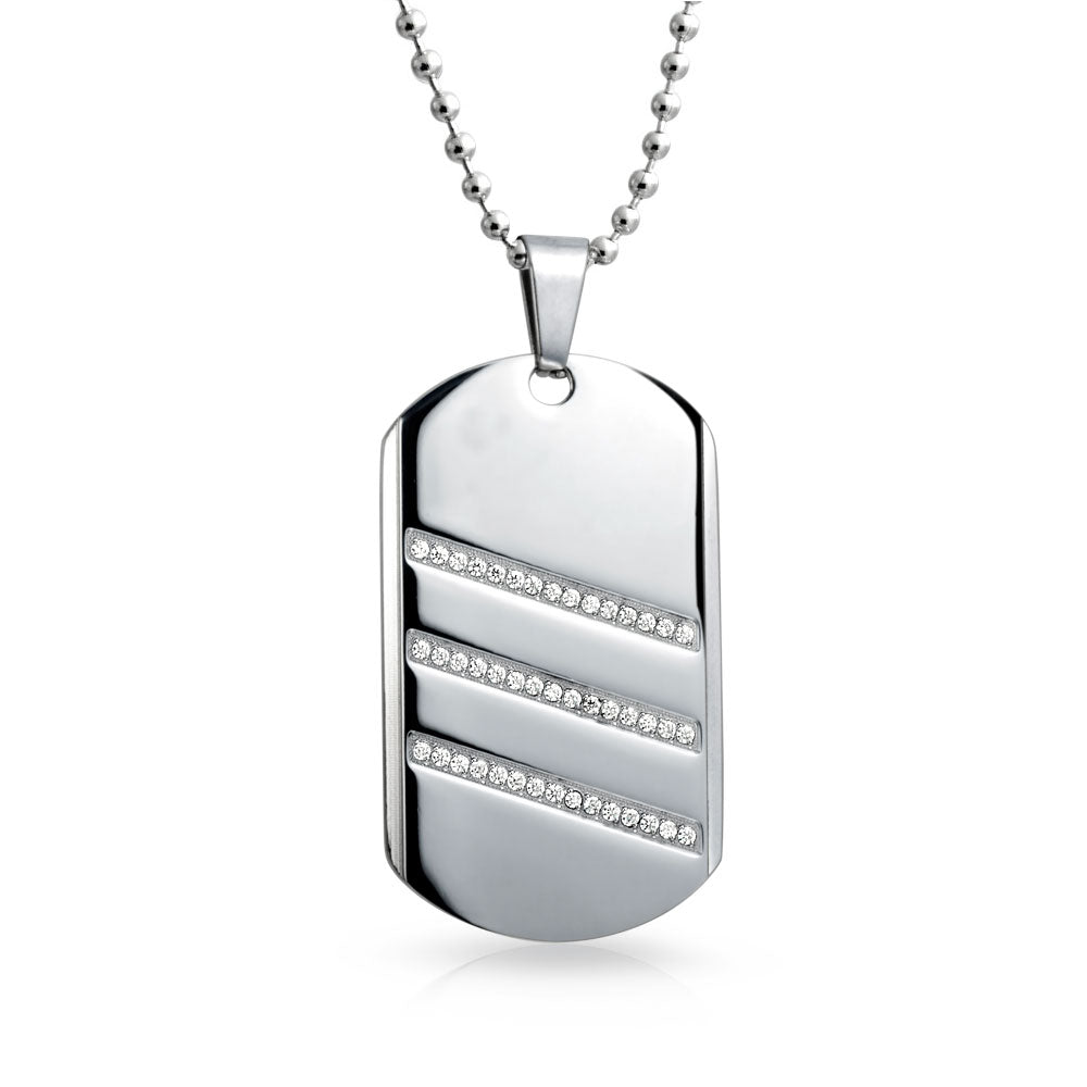 stainless-steel-dog-tag-cz_sgd-2763 Geometric Men's CZ Dog Tag Pendant Necklace Silver Stainless Steel 24 InchChain - Image 1