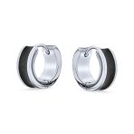 Unisex Two Tone Striped Black Enamel Huggies Mini Hoop Earrings Stainless Steel - Image 3