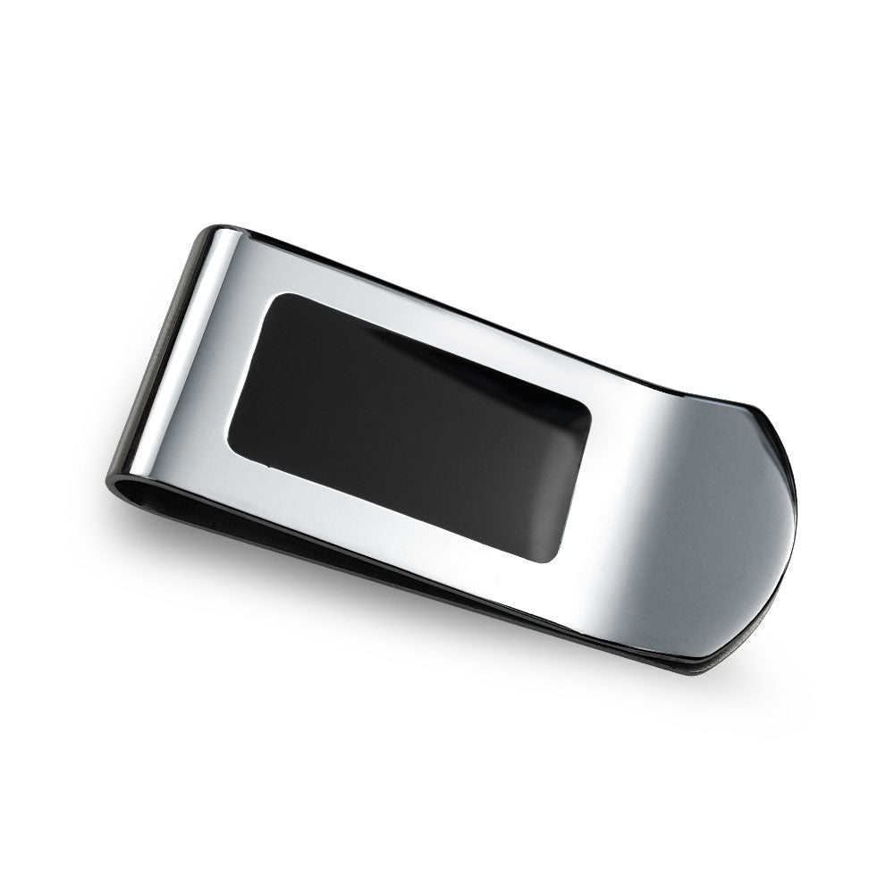 stainless-steel-money-black-inlay_cdl-mc1006 Two Tone Black Enamel Money Clip Card Holder for Men - Stainless Steel Gift - Image 1