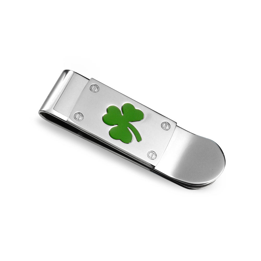 stainless-steel-shamrock-money-clip_sgd-alk1087-az Gift Strong Good Luck Green Clover Shamrock Money Clip for Men Graduation - Image 1