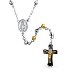 Two Tone Jesus Crucifix Virgin Mary Rosary Prayer Necklace Stainless Steel - Image 2