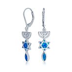 Created Blue Opal Judaica Menorah Star Of David Dangle Earrings Sterling Silver