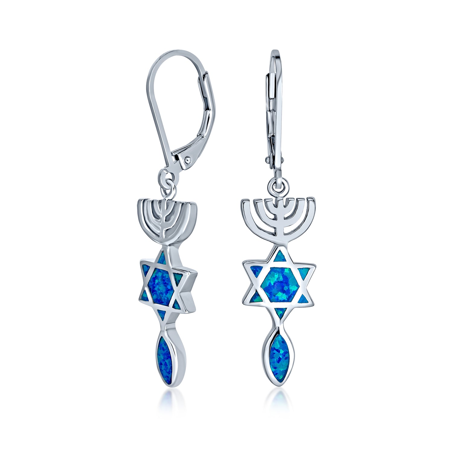 star-blue-opal-menorah-earrings-dangle_xny-es0131a1-az Created Blue Opal Judaica Menorah Star Of David Dangle Earrings Sterling Silver - Image 1
