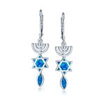 Created Blue Opal Judaica Menorah Star Of David Dangle Earrings Sterling Silver - Image 2