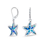 Iridescent Created Opal Inlay Starfish Dangle Drop Earrings