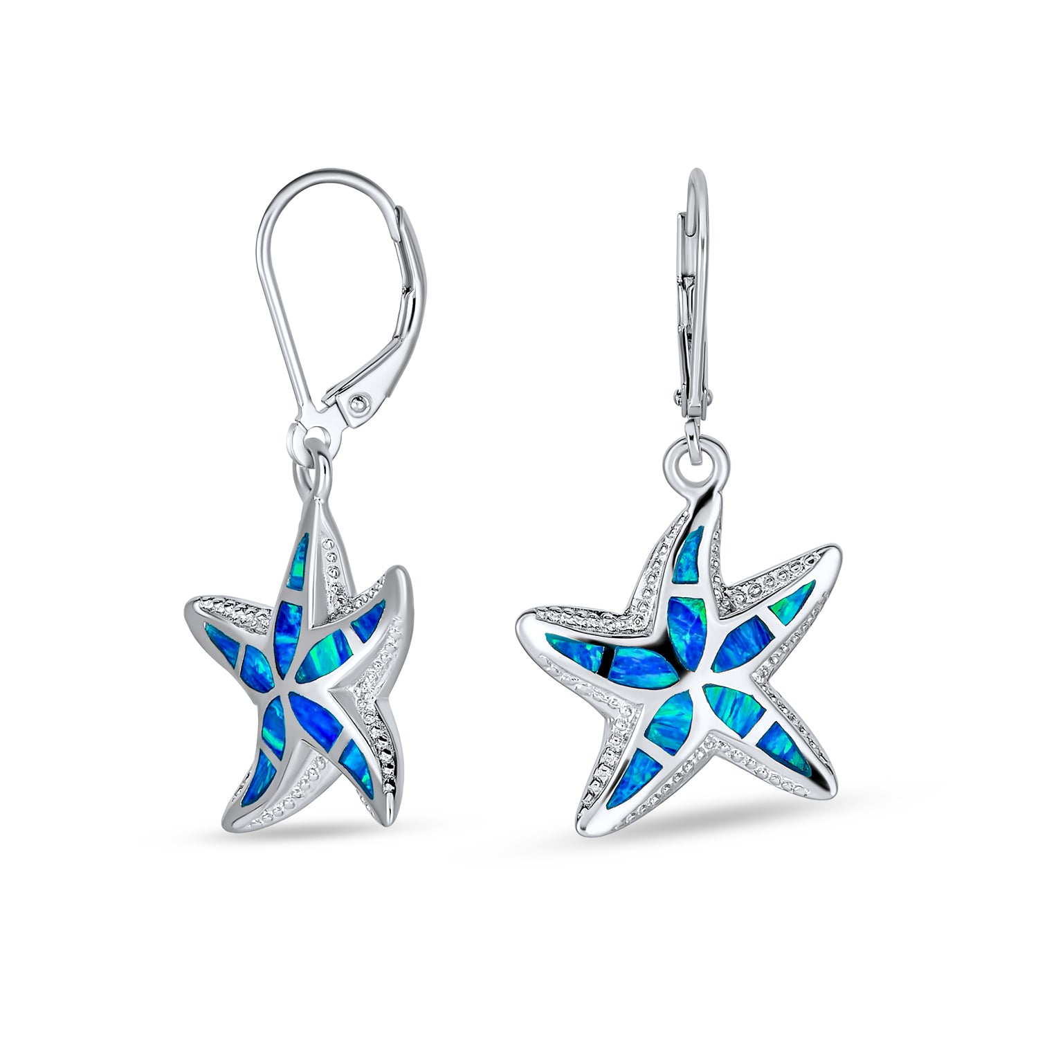 starfish-blue-opal-earrings-leverback_xny-es0814a1_1 Iridescent Created Opal Inlay Starfish Dangle Drop Earrings - Image 1