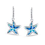 Iridescent Created Opal Inlay Starfish Dangle Drop Earrings - Image 3