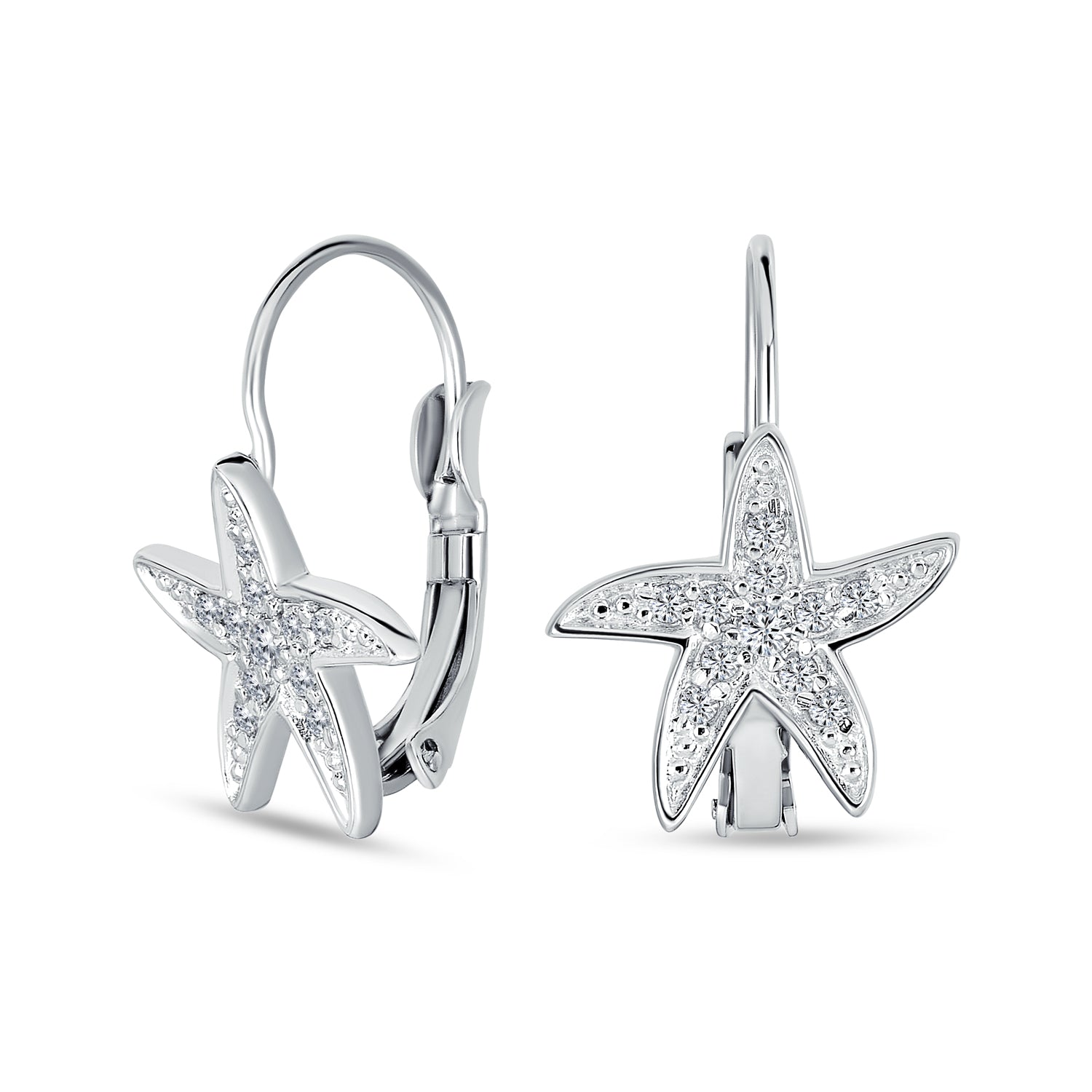 starfish-leverback-silver-earrings_pfs-12-2656_1 Vacation Nautical Pave CZ Drop Starfish Earrings .925 Sterling Silver - Image 1