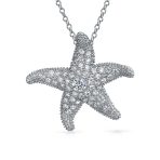 Nautical Beach Large Starfish Pave CZ Pendant Necklace Sterling Silver 1.25 Inch