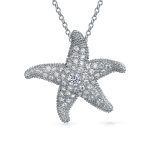 Nautical Beach Large Starfish Pave CZ Pendant Necklace Sterling Silver 1.25 Inch