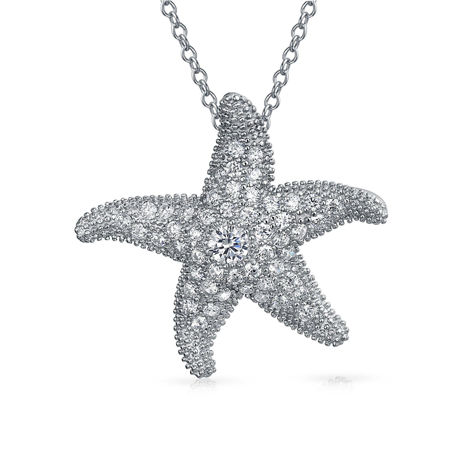 starfish-nautical-beach-pendant-cz_pk-str8008-az_1 Nautical Beach Large Starfish Pave CZ Pendant Necklace Sterling Silver 1.25 Inch - Image 1