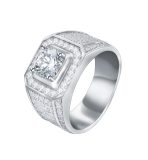 Statement Halo Square Solitaire Men's Ring Micro Pave Band Silver Plated - Image 2