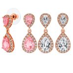 Set of 2 Bridal Pink & Clear CZ Dangle Chandelier Earrings Rose Gold Plated