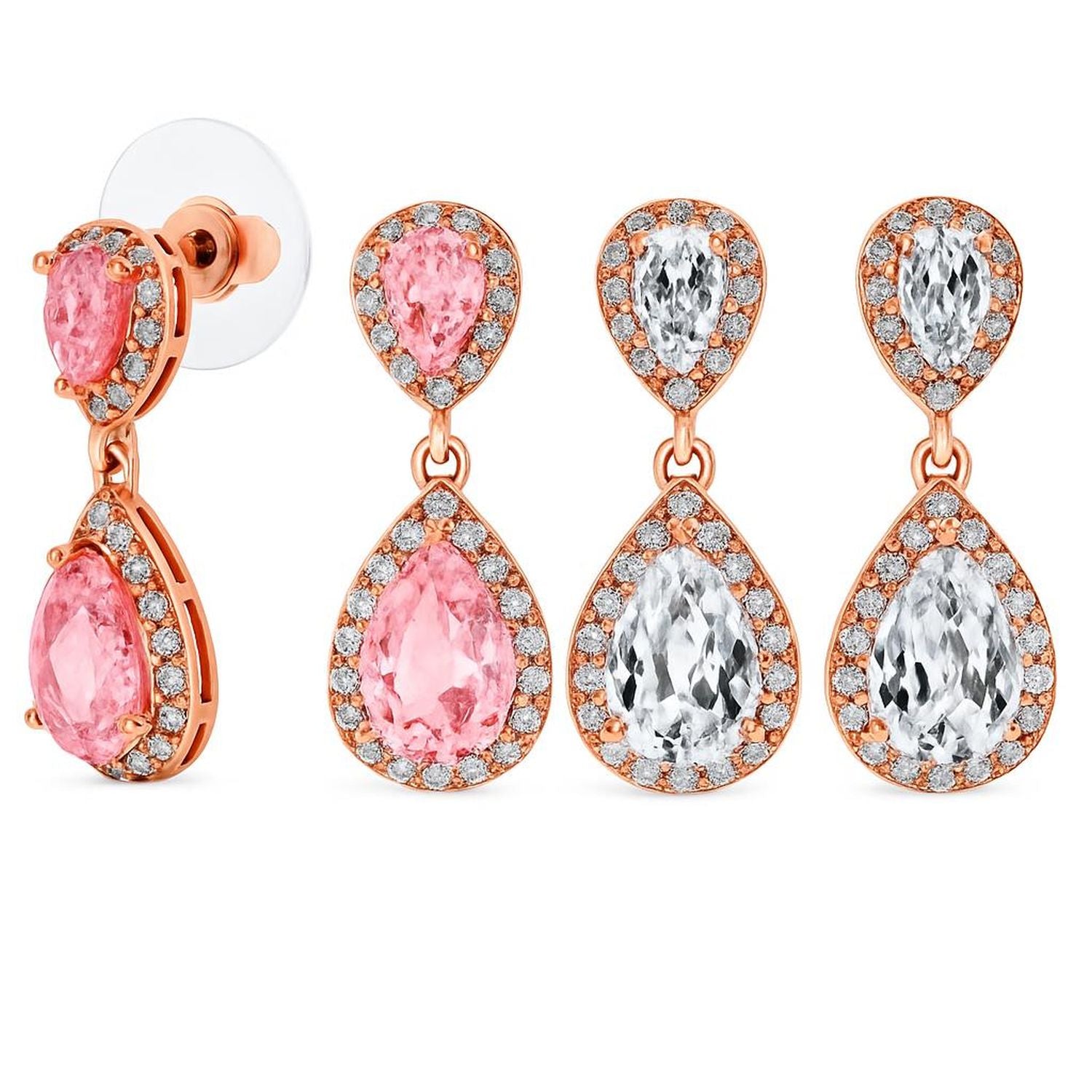 statement-pave-clear-teardrop-dangle-earrings-set_my-be200904pk-set-az Set of 2 Bridal Pink & Clear CZ Dangle Chandelier Earrings Rose Gold Plated - Image 1