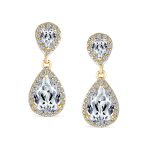 Cocktail Cubic Zirconia CZ Double Solitaire Teardrop Dangle Earrings Gold Plated - Image 8