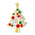 Set of 2 Large Colorful Crystal Christmas Tree and Bells Brooch Pin Gold Plated - Image 2