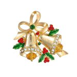 Large Fashion Statement Crystal Holiday Christmas Bells Brooch Pin Gold Plated