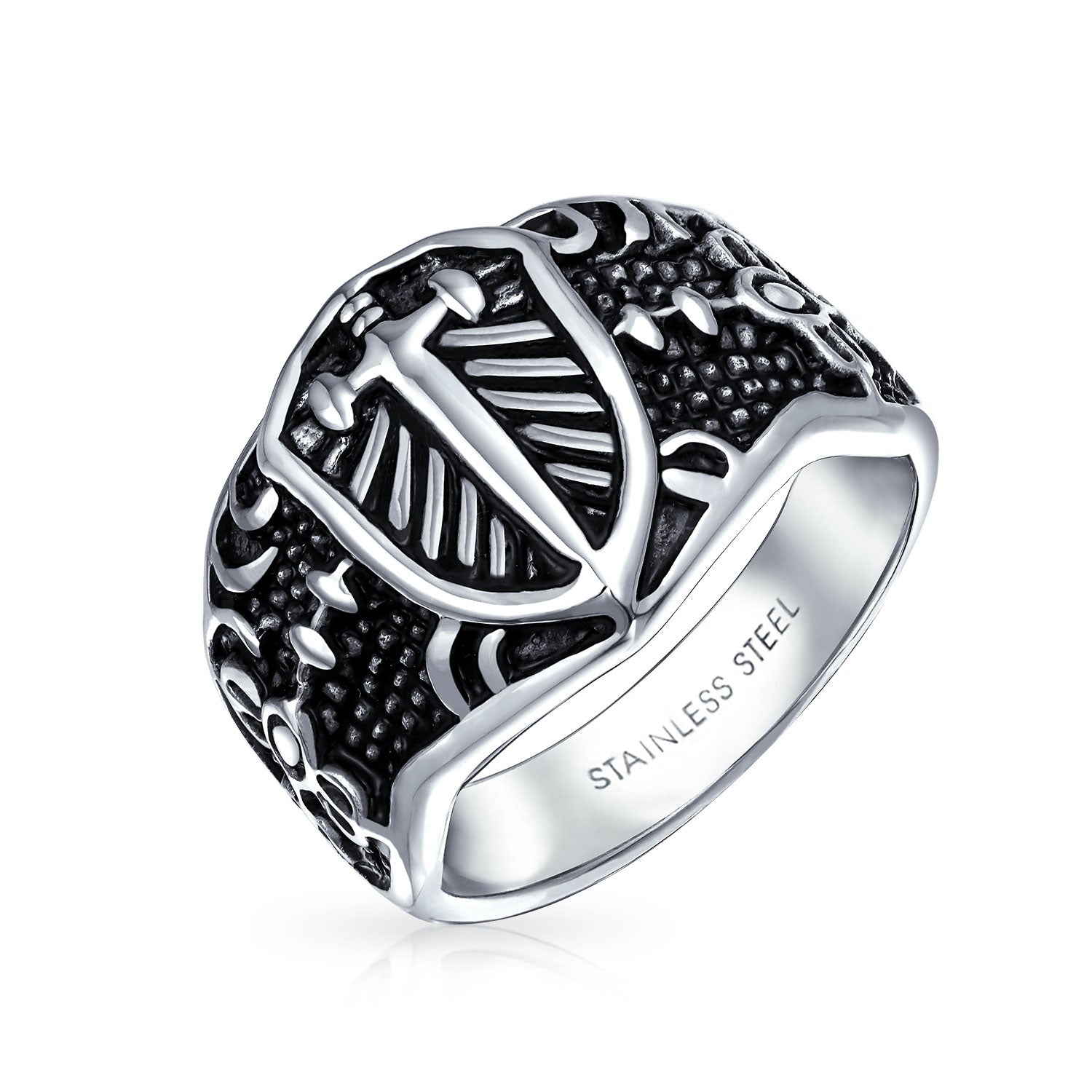 steel-medieval-cross-shield-pendant_xj-rm1058_1_3 Fleur De Lis Cross Signet Ring Oxidized Stainless Steel - Image 1
