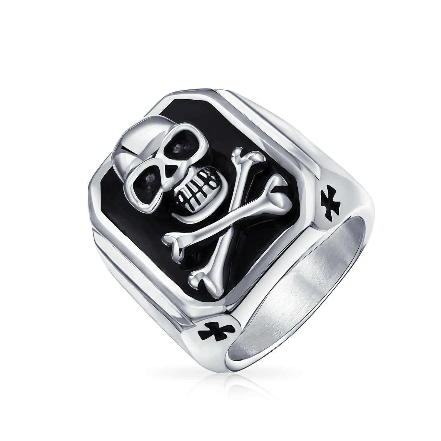 steel-onyx-skull-bones-ring_sgd-5364-az_1_1 Mens Stainless Steel Black Pirate Skull Crossbones Signet Ring Silver Tone - Image 1