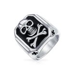 Mens Stainless Steel Black Pirate Skull Crossbones Signet Ring Silver Tone - Image 5
