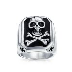Mens Stainless Steel Black Pirate Skull Crossbones Signet Ring Silver Tone - Image 2