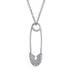 Pave Cubic Zirconia CZ Accent Safety Pin Pendant Necklace .925 Sterling Silver