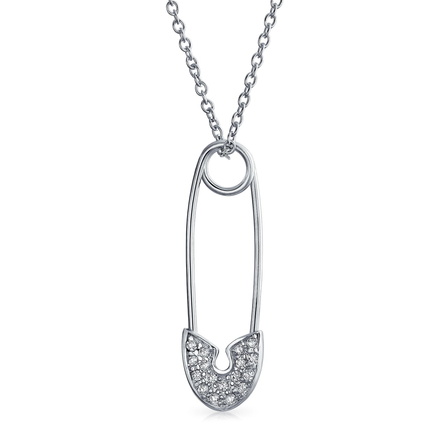 sterling-cz-safety-pin-necklace_n-mdr-3757n-17a-az_1_1 Pave Cubic Zirconia CZ Accent Safety Pin Pendant Necklace .925 Sterling Silver - Image 1