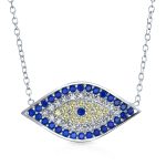 Turkish Blue Yellow CZ Evil Eye Pendant Necklace in Sterling Silver