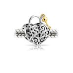 Vintage Two Tone Heart Filigree Lock & Key Charm Bead 14K Gold Plated Silver - Image 2