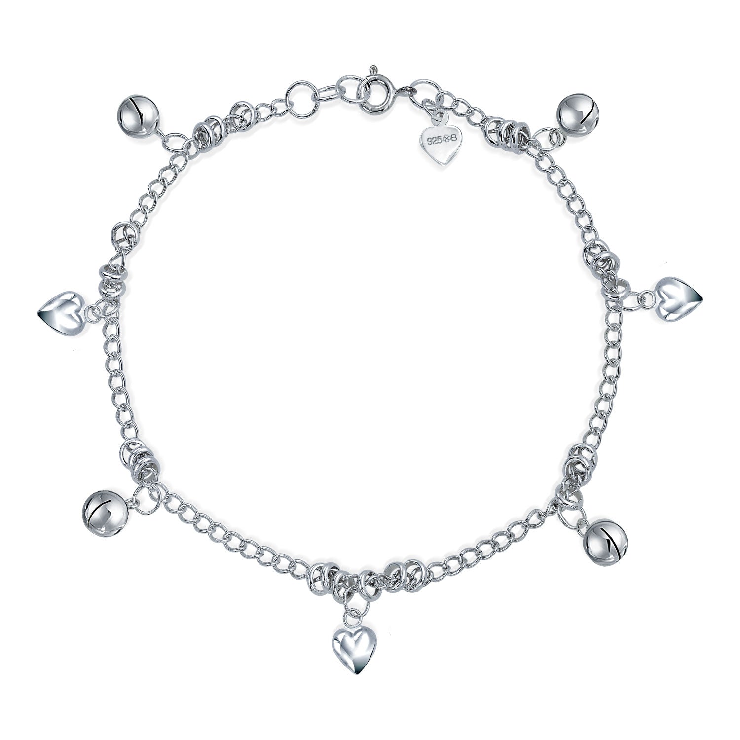 sterling-heart-jingle-charms-anklet_gb-ank1204-az_1 Bells & Hearts Charm Anklet Pattilu India Style Ankle Bracelet Sterling Silver Size 9 To 9.5 Inch - Image 1