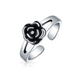 Black Rose Flower Midi Toe Ring Oxidized Silver Band