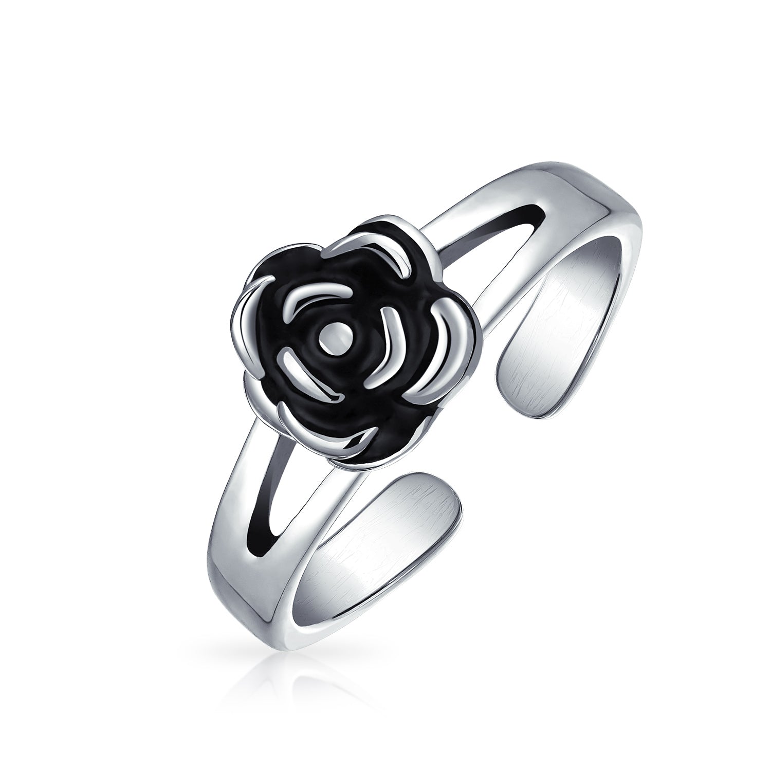 sterling-rose-flower-toe-ring_pmr-r11072-az_1 Black Rose Flower Midi Toe Ring Oxidized Silver Band - Image 1
