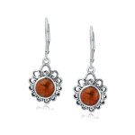 Bali Style Round Flower Orange Red Coral Drop Earrings Leverback Oxidized .925 Sterling Silver