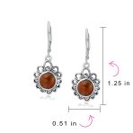 Bali Style Round Flower Orange Red Coral Drop Earrings Leverback Oxidized .925 Sterling Silver - Image 2