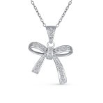 Dainty Cubic Zirconia Pave CZ Station Ribbon Bow Pendant Necklace .925 Sterling Silver