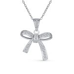 Dainty Cubic Zirconia Pave CZ Station Ribbon Bow Pendant Necklace .925 Sterling Silver