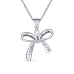 Dainty Cubic Zirconia Pave CZ Station Ribbon Bow Pendant Necklace .925 Sterling Silver - Image 2