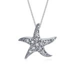 Nautical Beach Small Starfish Pave CZ Pendant Necklace Sterling Silver 0.55 Inch