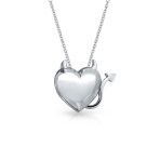 Whimsical Devil Horns Heart Shape Pendant Necklace .925 Sterling Silver
