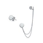 Flat Circle Disc Clip On Double Chain Band Wrap Ear Cuff Stud Earring Set Gold Plated
