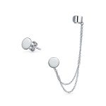 Flat Circle Disc Clip On Double Chain Band Wrap Ear Cuff Stud Earring Set Gold Plated