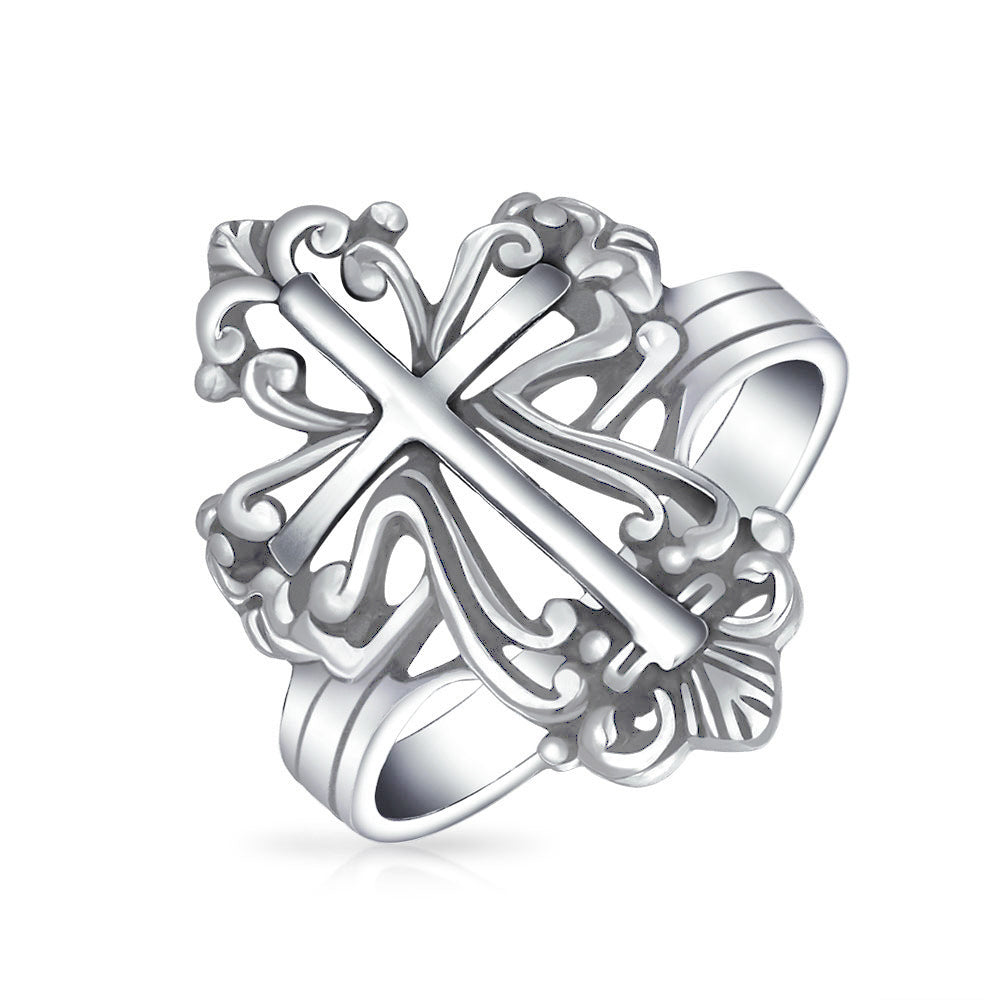 sterling-silver-filigree-cross-ring_sstr-r3374_1_1_1_1_13 Vintage Style Spiritual Religious Fleur De Lis Cross Ring .925 Sterling Silver - Image 1